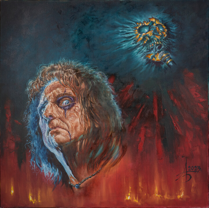 Schilderij getiteld "Alice Cooper" door Aleks Bondar, Origineel Kunstwerk, Olie Gemonteerd op Frame voor houten brancard