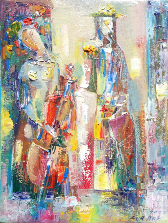 THE CELLIST AND THE FLORIST Painting, 9.5x7.1 in