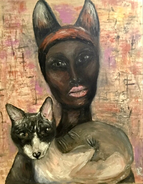 Ancient woman with a cat original oil painting 绘画, 20x16 in