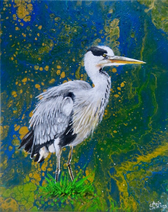 Peinture intitulée "Graureiher" par Anja Semling, Œuvre d'art originale, Acrylique Monté sur Châssis en bois