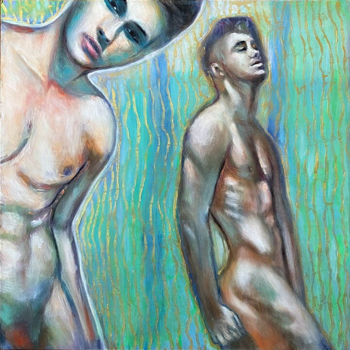 COUPLE D'HOMMES NUS SUR FOND OR ET VERT 绘画, 15.8x15.8 in