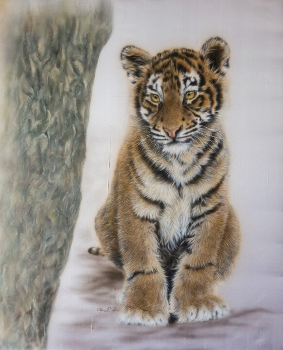 Crispin – Silk painted tiger cub portrait 绘画, 26.4x20.5 in