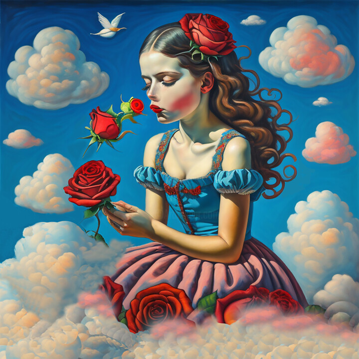 A little girl with a rose 绘画, 37.8x37.8 in