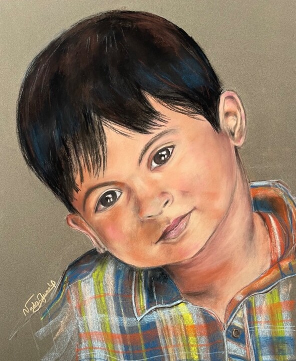 Drawing titled "Le garçon qui rêve" by Nadej Gunalp, Original Artwork, Pastel