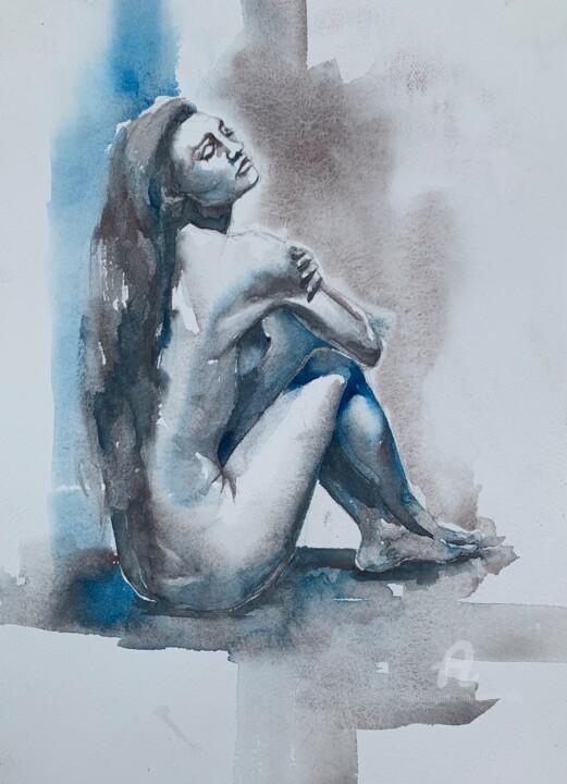 “Blue silence” 绘画, 15x11 in