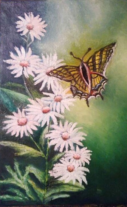 Yellow butterfly on white flowers 绘画, 11.8x7.9 in