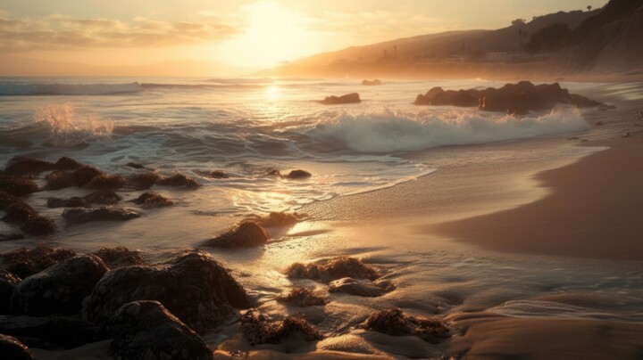 Arts numériques intitulée "Golden Hour Beach S…" par Angus Finlayson, Œuvre d'art originale, Image générée par l'IA
