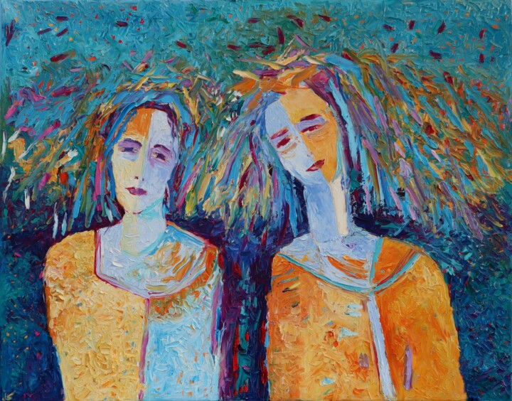 Women painting People textured palette knife impasto art 绘画, 31.5x39.4 in