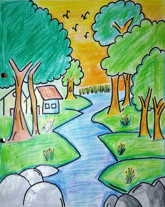 Desenho intitulada "The Seine River" por Bhaswati Bishoi, Obras de arte originais, Pastel