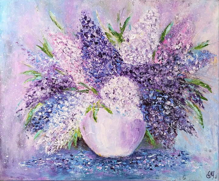 Tableau peinture acrylique Fleurs Lilas "L'ambiance Lilas" 绘画, 19.7x24 in