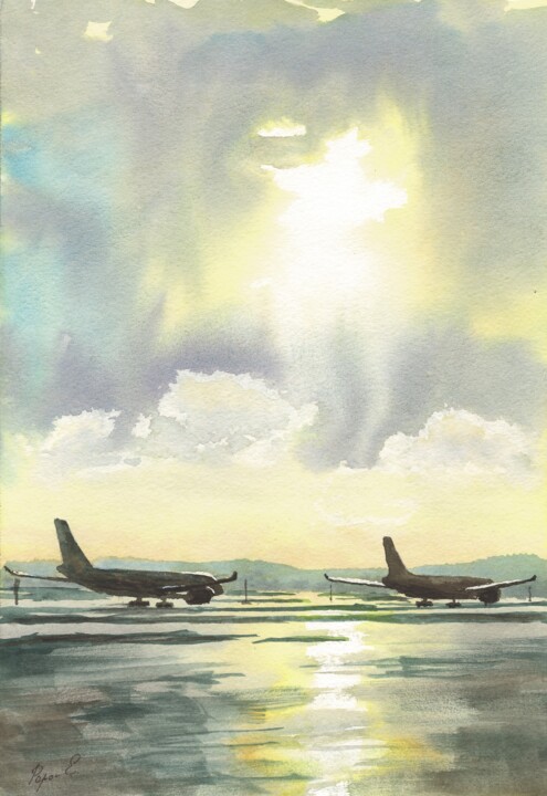 绘画 标题为“Two planes after a…” 由Eugene Popov, 原创艺术品, 水彩