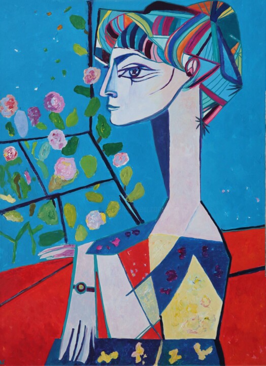 Handpainted copie Jacqueline with Flowers by Pablo Picasso 绘画, 31.5x23.6 in