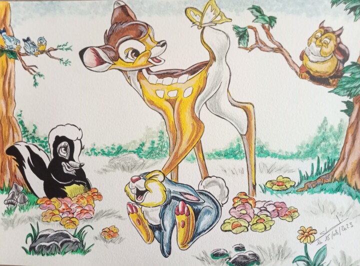 Illustration du dessin animé Bambi réalisé aux crayons et pe 绘画, 11.7x16.5 in