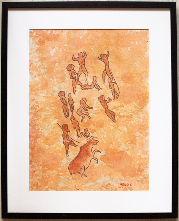 Celebration of a successful hunt. THE PAINTING IS FRAMED 绘画, 15.8x11.8 in