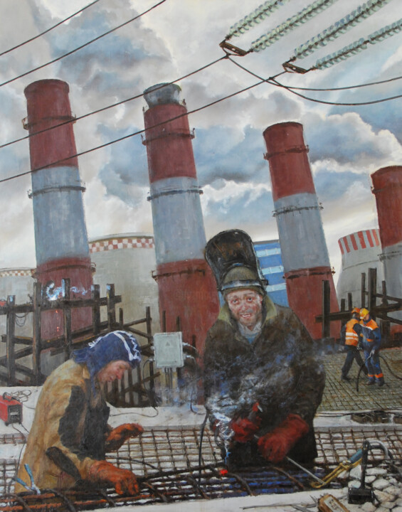 Сварщик Валера и помощник Витя 绘画, 35.4x27.6 in