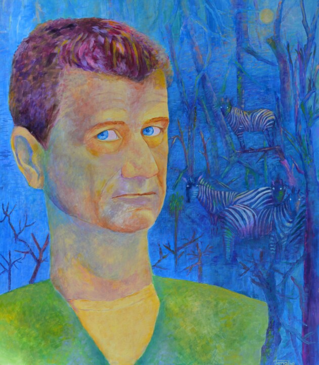 Man Portrait and zebras Modern portraiture Картина, 31,5x27,6 in