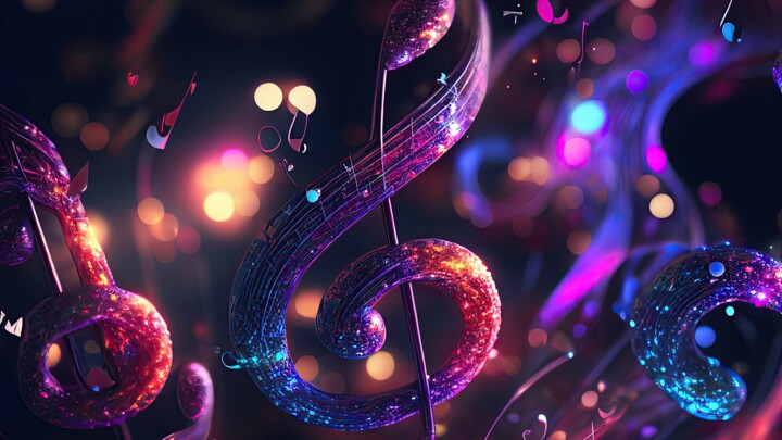 Digitale Kunst getiteld "Musical Notes" door Angus Finlayson, Origineel Kunstwerk, AI gegenereerde afbeelding