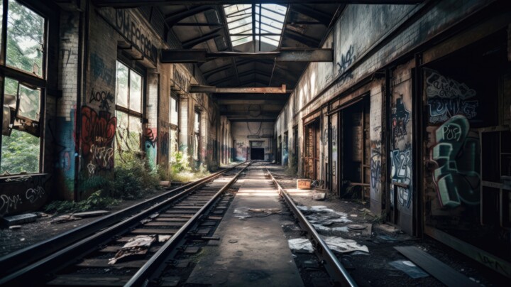Arte digital titulada "Urban Derelict Rail…" por Angus Finlayson, Obra de arte original, Imagen generada por IA