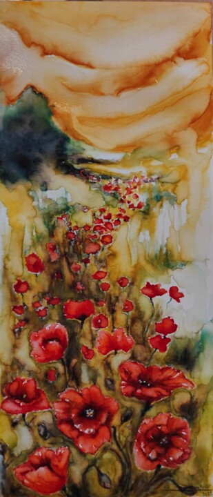 "Chemin des coquelicots " 绘画, 15.8x7.1 in