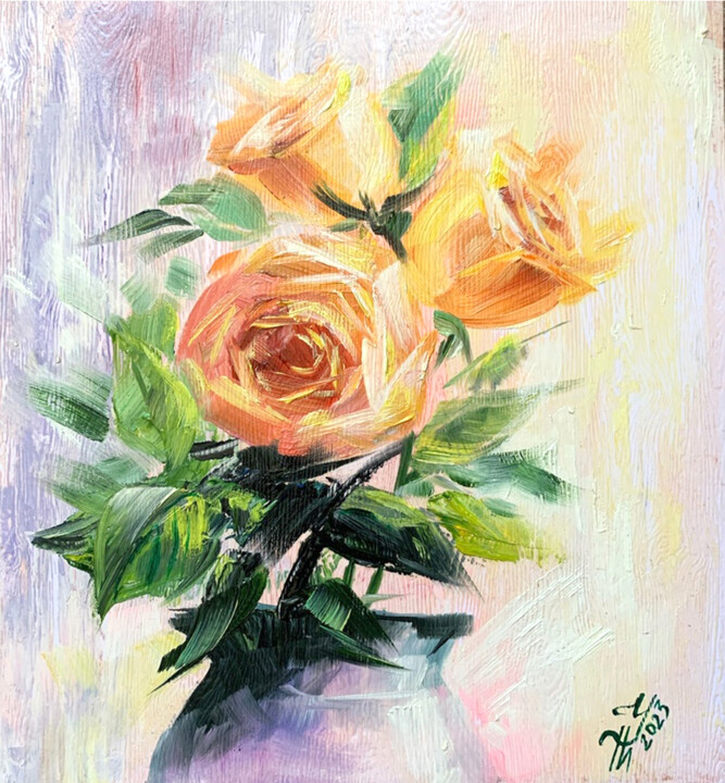 绘画 标题为“Golden Roses painti…” 由Tatyana Ustyantseva, 原创艺术品, 油