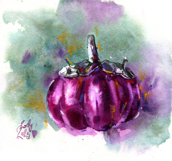 "Eggplant. Harvest Time" 绘画, 9.1x9.8 in