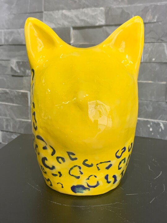 Sculpture céramique Tête de chat panthère 雕塑, 6.7x4.7 in