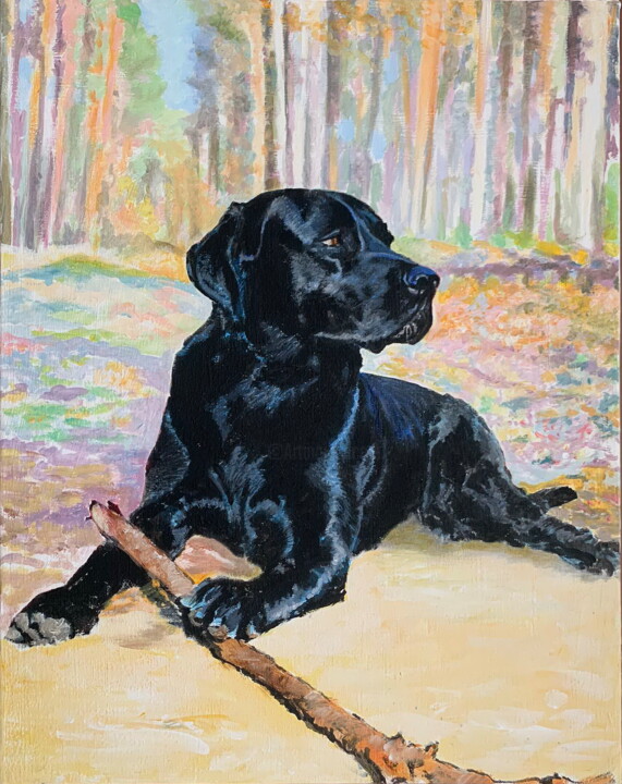 Painting titled "Pies w lesie" by Arkadiusz Pluta, Original Artwork, Acrylic Mounted on Wood Stretcher frame