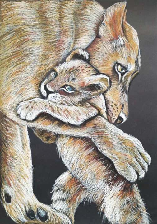 Mom's love Lioness and Cubs Art Pastel Portrait animal art 图画, 16.5x11.7 in