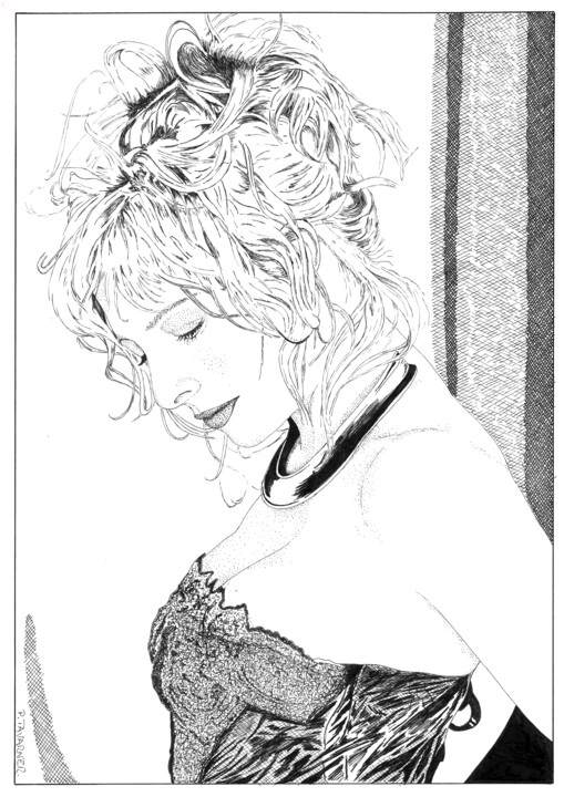 Drawing titled "Mylène Farmer" by Pascal Tavarner, Original Artwork, Ink