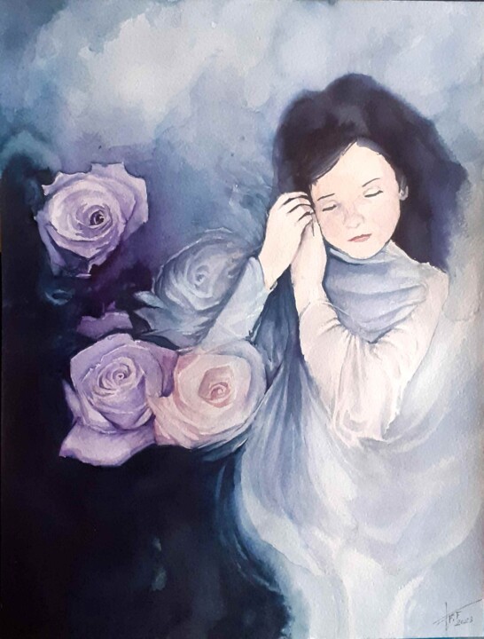 Rêveuse de roses. 绘画, 16.1x12.2 in