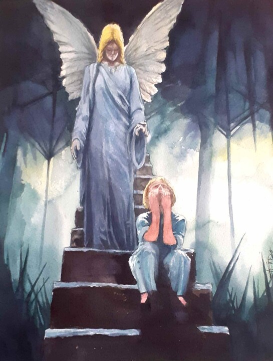 L'enfant et son ange gardien. 绘画, 16.1x12.2 in