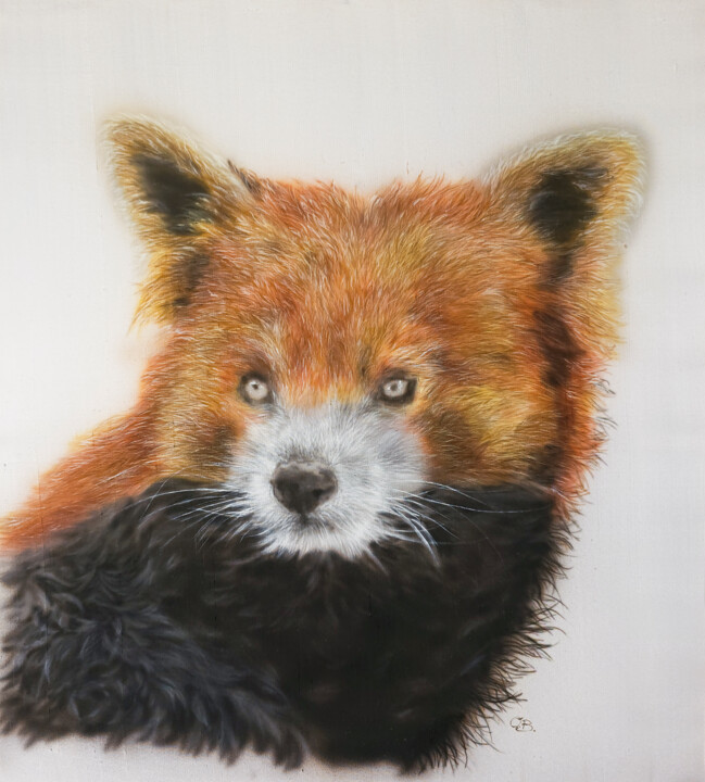 Red Velvet – Silk painted realistic red panda portrait 绘画, 16.9x15.4 in