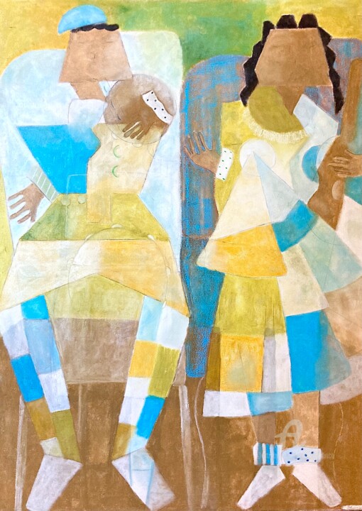 Petits Amoureux cubistes en jaune et bleu, tambourin à