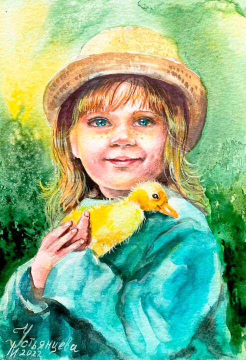 A girl with a duckling 绘画, 9.1x6.3 in
