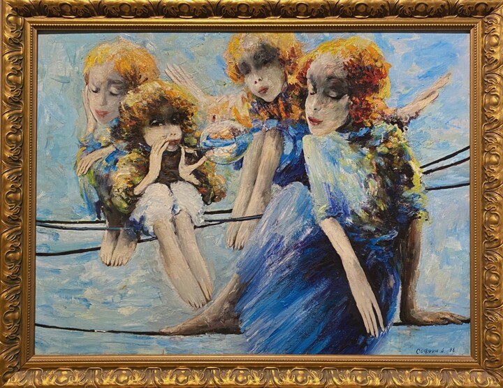 Peinture intitulée "petits oiseaux" par André Sofine, Œuvre d'art originale, Huile Monté sur Châssis en bois