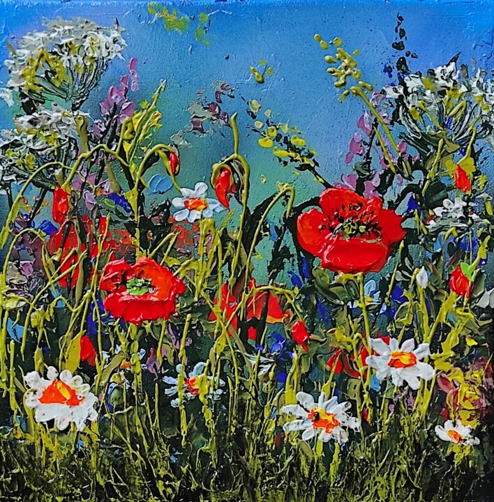 Painting titled ""SUMMER FLOWERS II "" by Elena Kraft, Original Artwork, Acrylic Mounted on Wood Stretcher frame