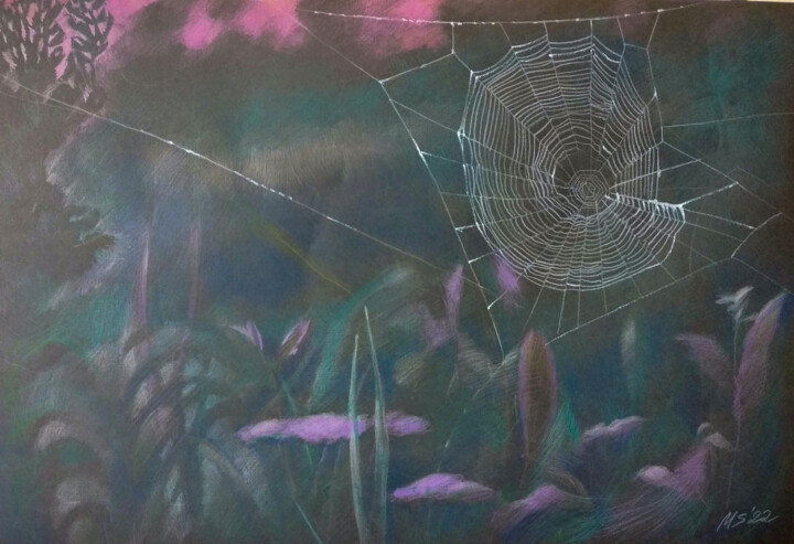 Scenery. Web at sunset. Grass 그림, 16.5x23.6 in