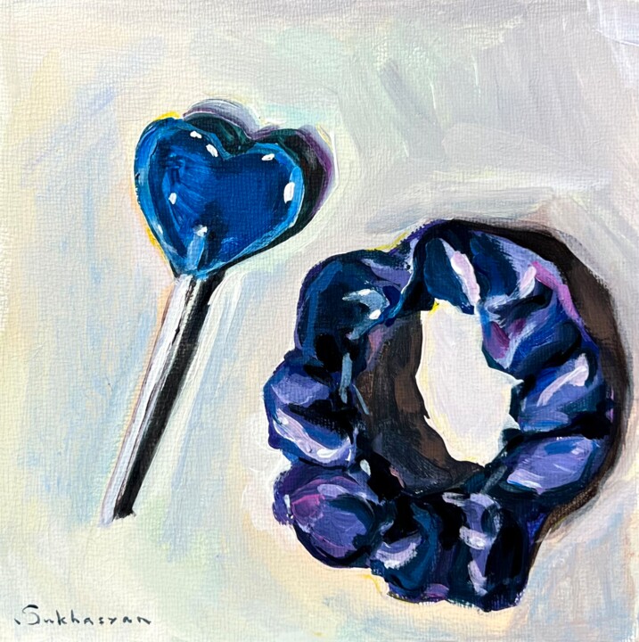 Still Life with Blue Lollipop and Hair Tie 绘画, 6x6 in