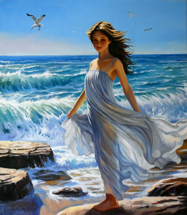 A girl who loves the sea 绘画, 31.5x27.6 in