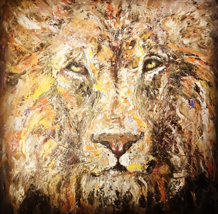 Lion original oil painting on stretched canvas 绘画, 19.7x19.7 in