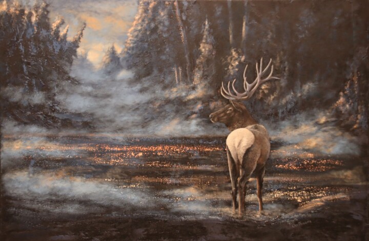 Painting titled "Wapiti à l'aube" by Ginette Berthiaume, Original Artwork, Acrylic Mounted on Wood Stretcher frame