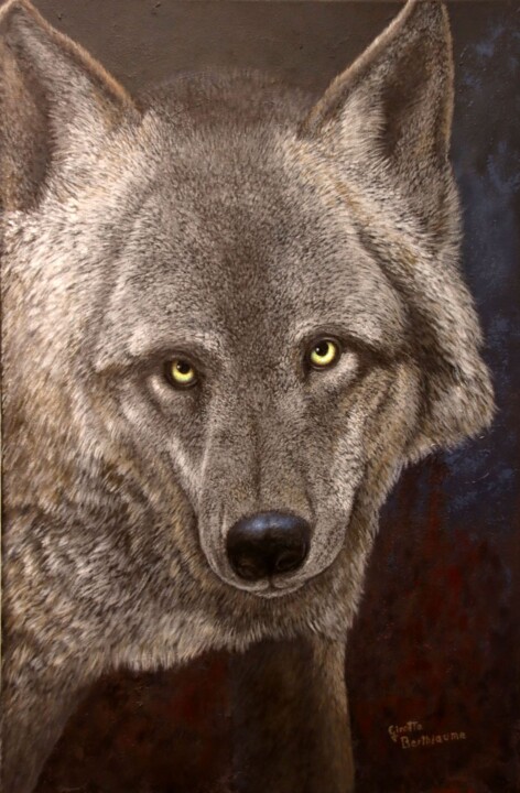 Painting titled "Loup solitaire" by Ginette Berthiaume, Original Artwork, Acrylic Mounted on Wood Stretcher frame