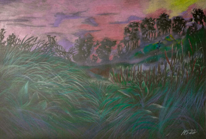 Landscape fog Sunset Grass 그림, 16.5x23.6 in