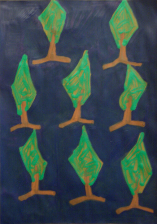 Acht Bäume bei Nacht - 2023 绘画, 13.4x9.5 in