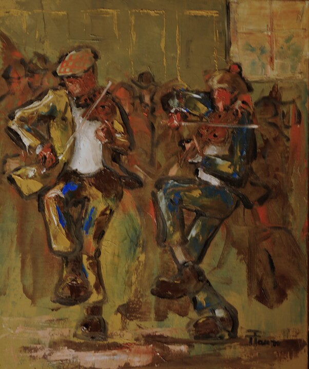Painting titled "IRISH PUB" by Thierry Faure, Original Artwork, Oil Mounted on Wood Stretcher frame