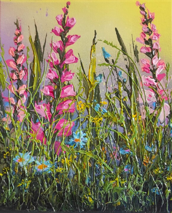 Painting titled ""FLOWERS MOOD II"" by Elena Kraft, Original Artwork, Acrylic Mounted on Wood Stretcher frame