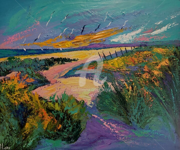 Balade sur la plage jaune 绘画, 18.1x21.7 in