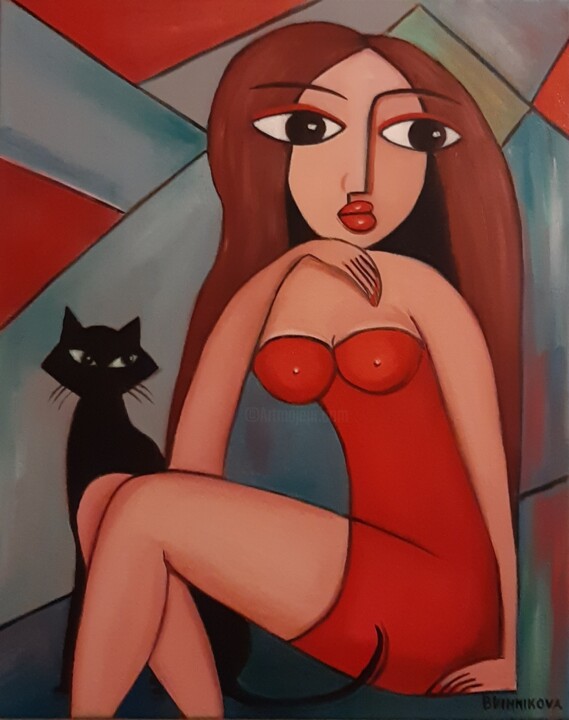 Femme et chat noir 绘画, 19.7x15.8 in