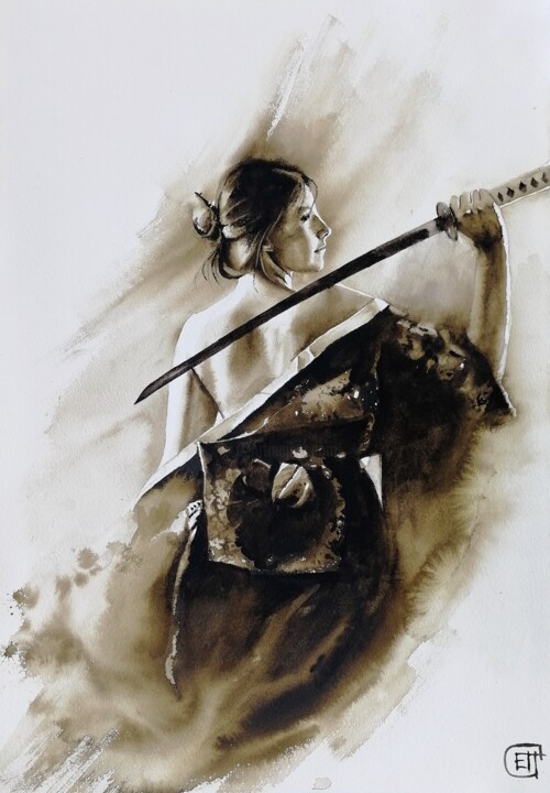 "Girl with katana" original painting, watercolor wall art 绘画, 22.4x15.4 in