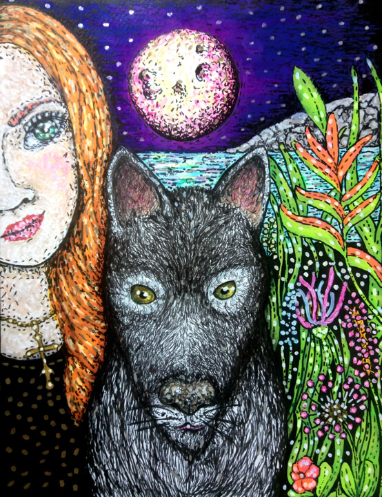 Le loup, la lune & Venus 图画, 12.6x9.5 in
